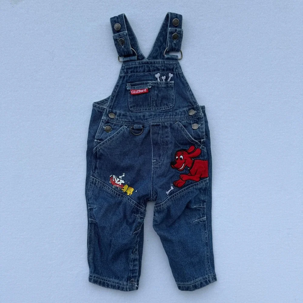 Vintage Y2K Kids Clifford The Big Red Dog Denim Overalls Baby 12M Blue Jeans